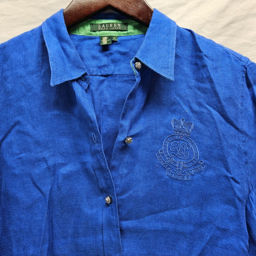 Lauren Ralph Lauren Button Down Women XL Blue Linen Embroidered Crest 3/4 Sleeve - Picture 2 of 10